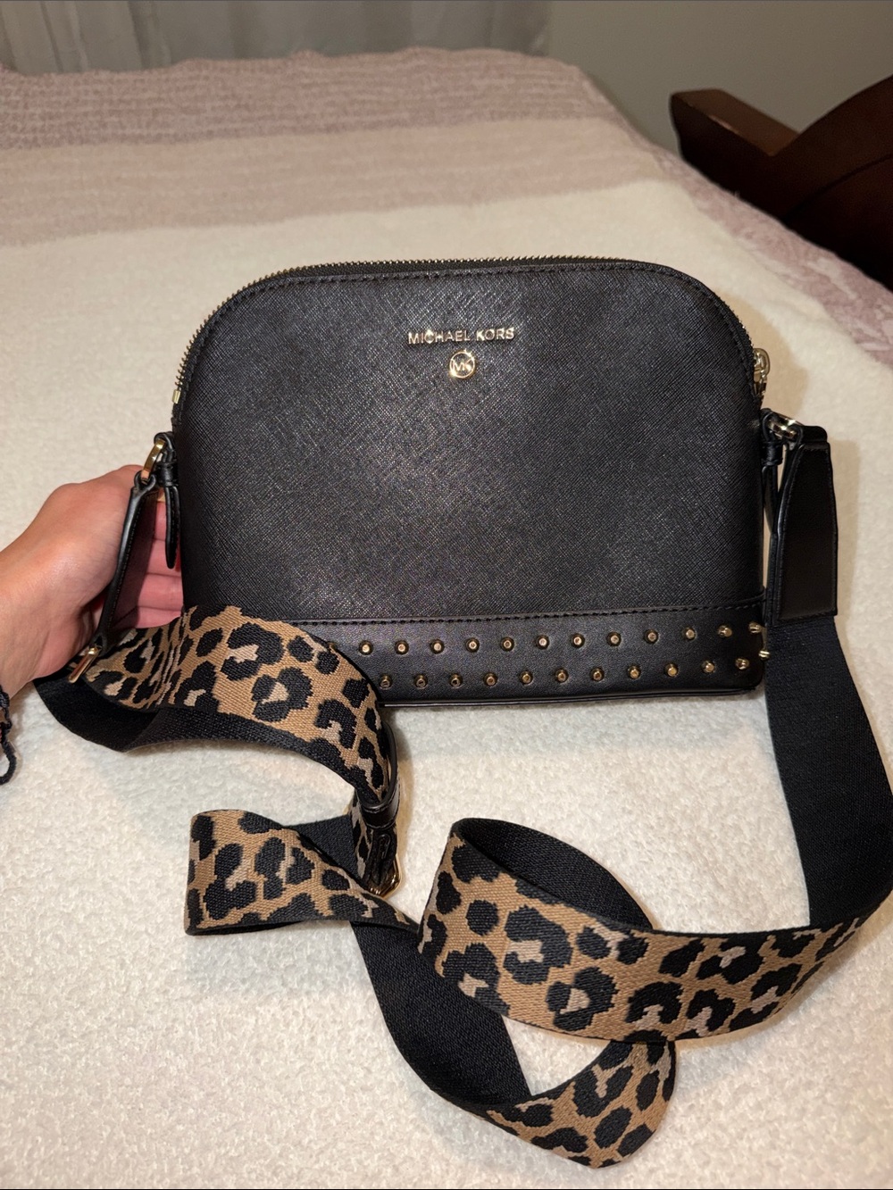 Michael Kors Black Saffiano Crossbody with Leopard-Print Strap